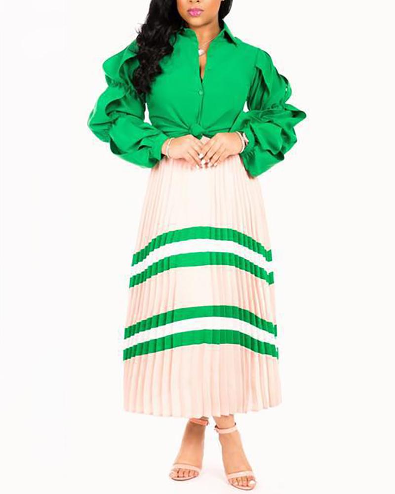 

Ruffles Top & Striped Maxi Skirt Set, Green