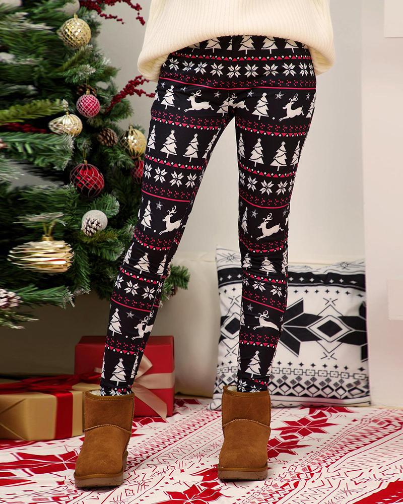 

Christmas Snowman / Tree / Moose / Snowflake Print Skinny Pants, Style1