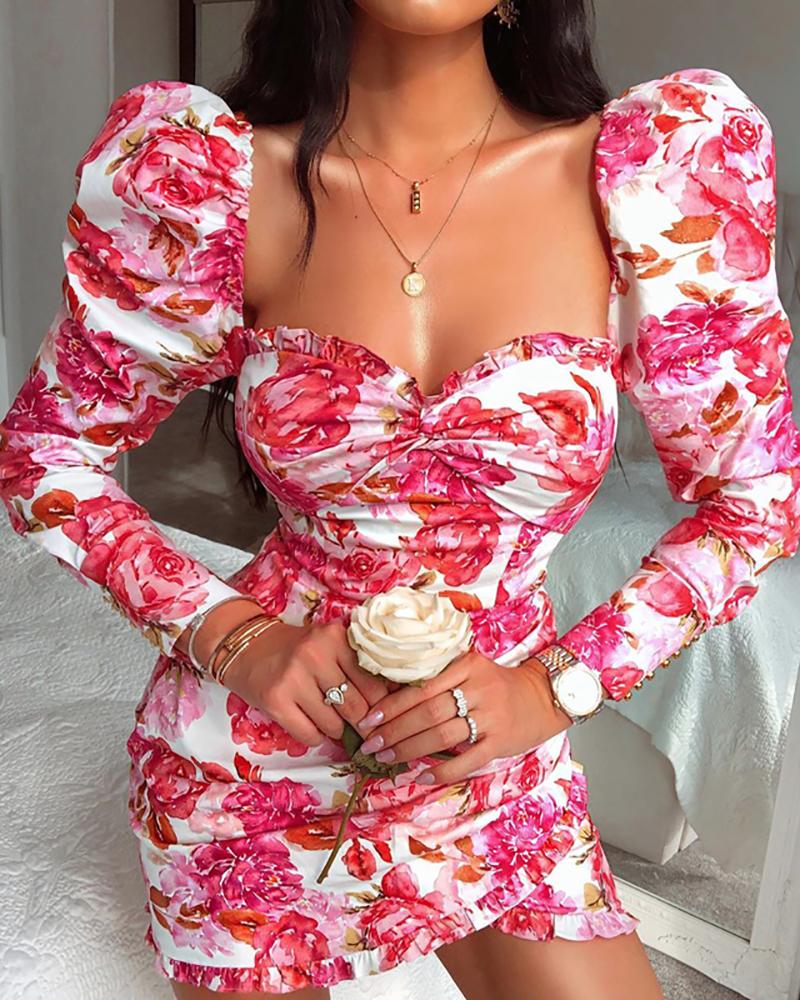 

Floral Print Puffed Sleeve Ruched Dress, Hot pink