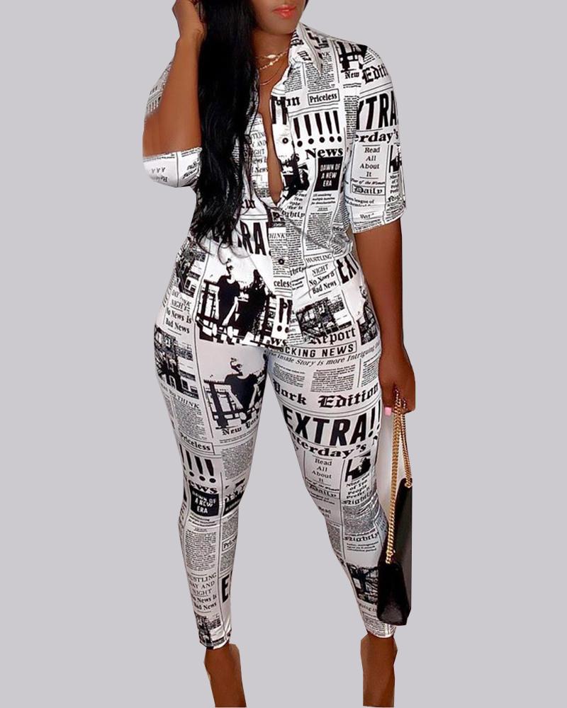 

Newspaper Print Buttoned Shirt & Pant Sets, White