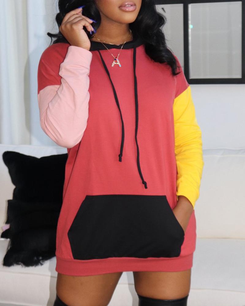 

Colorblock Pocket Design Hooded Casual Dress, Red