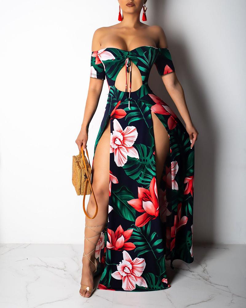 

Off Shoulder Floral High Slit Maxi Dress, Dark blue