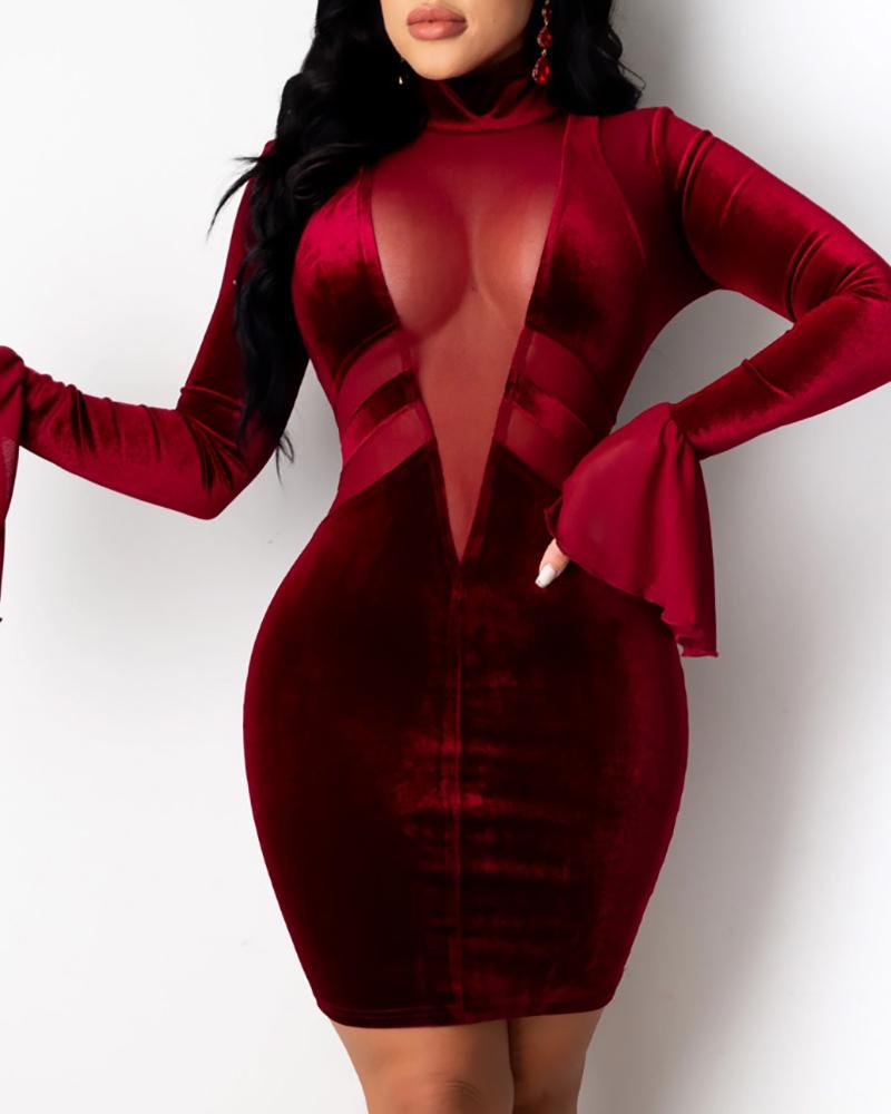 

Velvet Sheer Mesh Bell Sleeve Bodycon Dress, Wine red