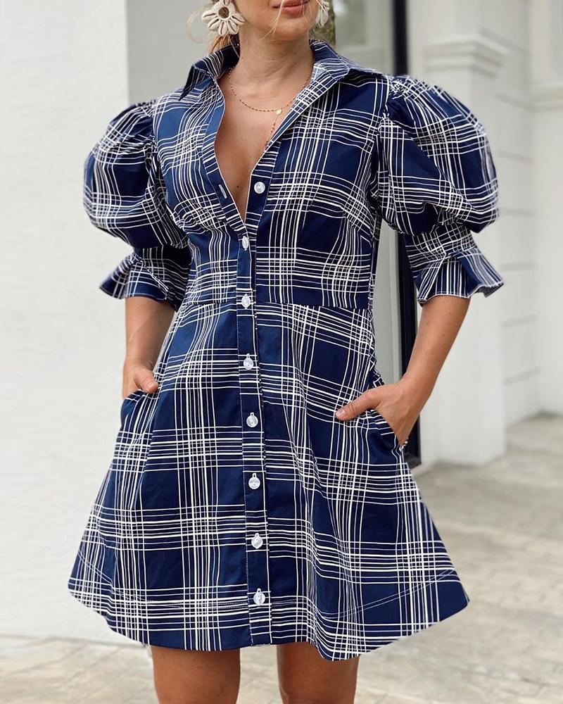 

Plaid Puff Sleeve Buttoned Casual Dress, Blue