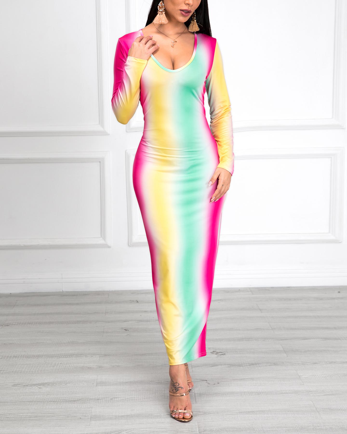 

Colorblock Tie Dye Long Sleeve Women Dress, Multicolor