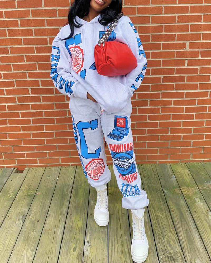 

Mixed Print Pocket Design Hooded Top & Drawstring Pants Set, White