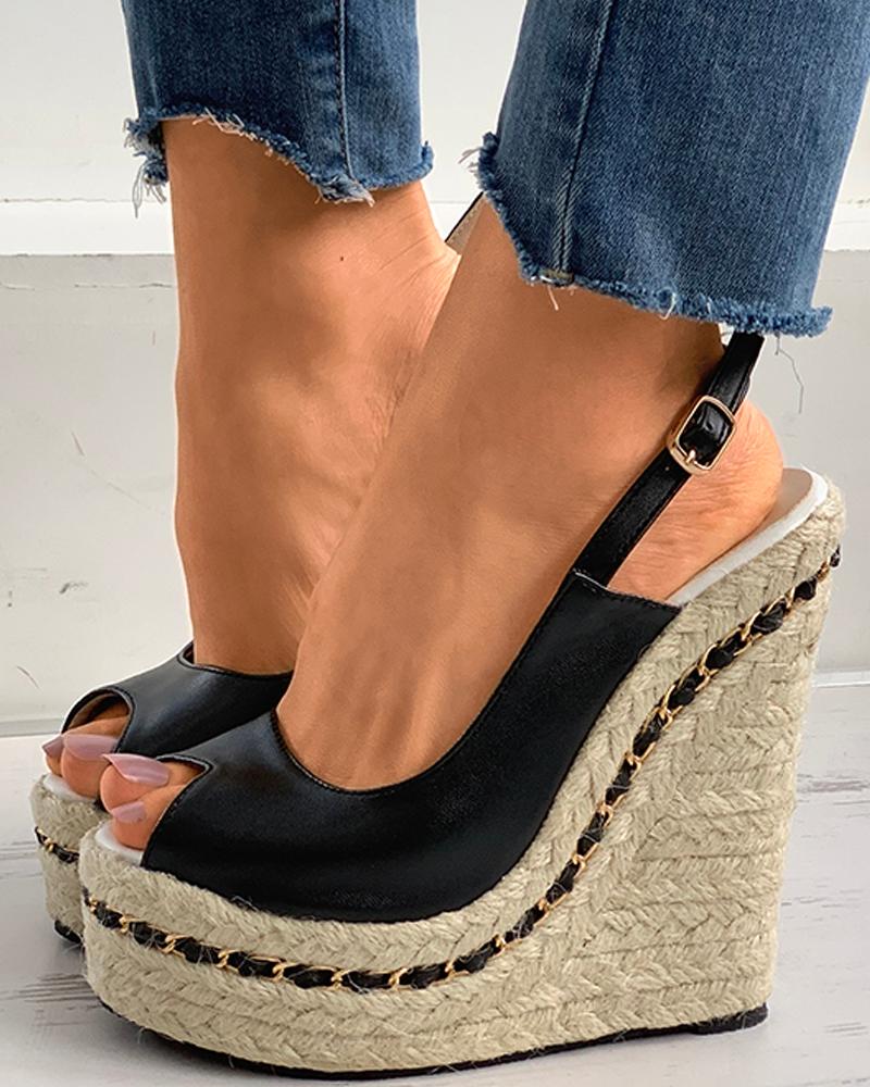 

Woven Flax Peep Toe Wedge Sandals, Black