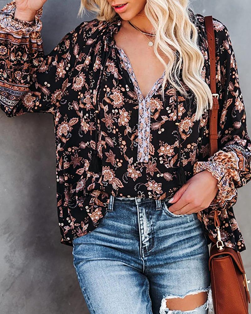 

Floral Print Lantern Sleeve Top, Black