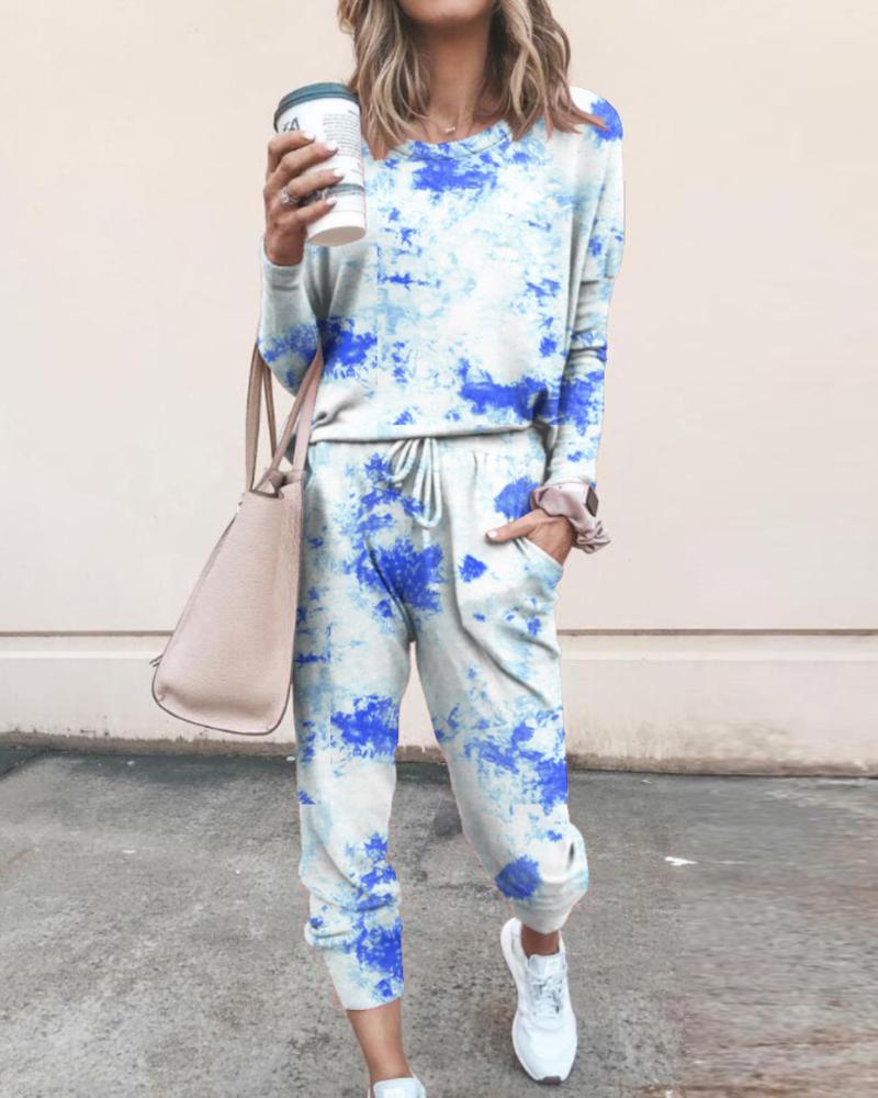 

Tie Dye Print Women Top & Drawstring Pants Set, Blue