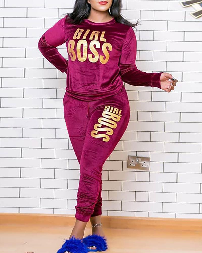 

Letter Print Top & Pants Set, Wine red