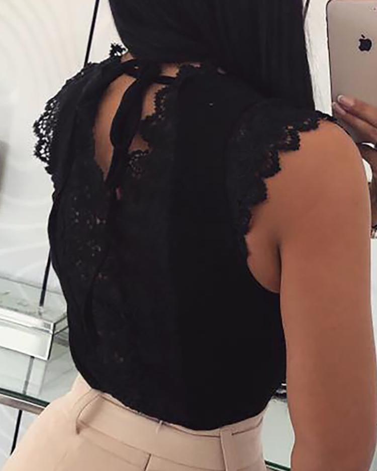 

Women Fashion Sleeveless Lace Stitching Top, Black
