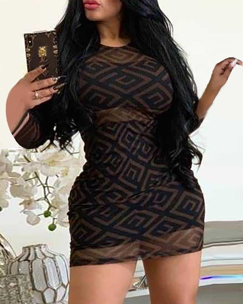 

Geo Print Semi Sheer Mesh Bodycon Dress, Black