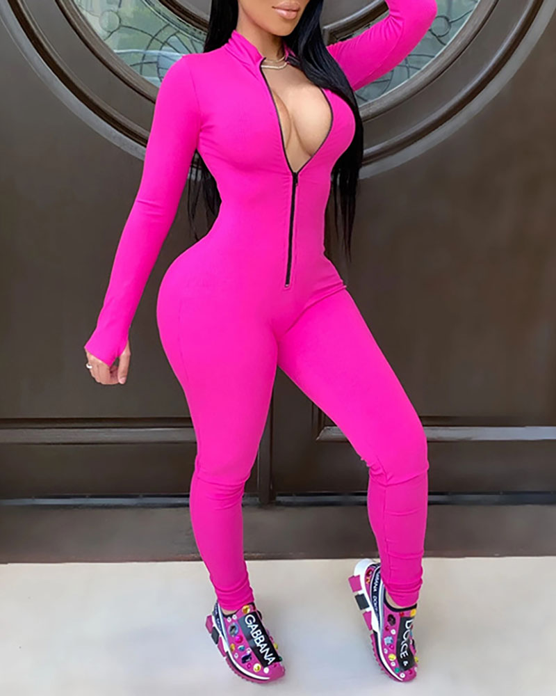 

Zipper Design Long Sleeve Skinny Jumpsuit, Hot pink