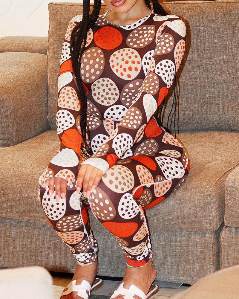 

Polka Dot Print Long Sleeve Skinny Jumpsuit, Coffee
