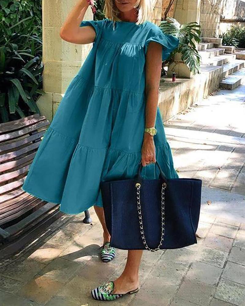 

Short Sleeve Ruffles Ruched Casual Dress, Blue