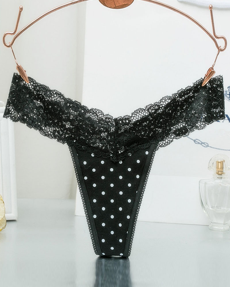 

Polkadot / Striped / Cheetah Print Lace Trim Thong Panty, Black