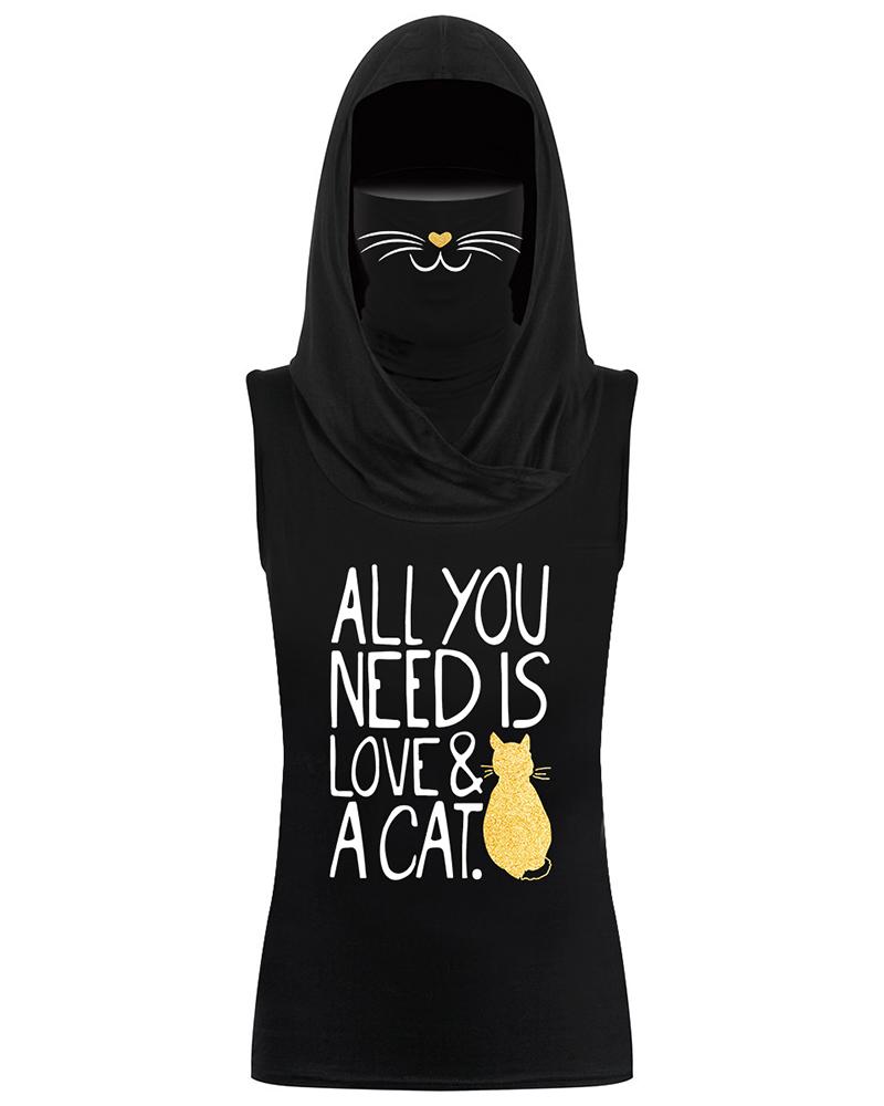 

Letter Print Hooded Tank Top With Ear Loop Bandana, Black