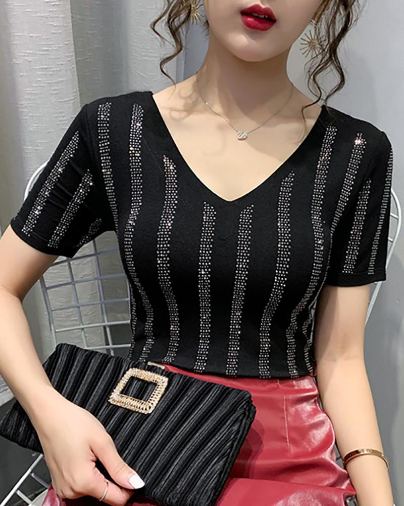 

Double V-neck Studded Blouse, Black