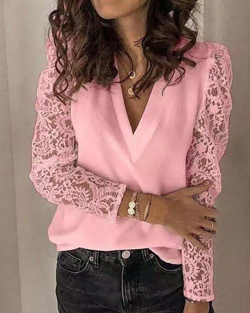 

Long Sleeve Lace Patchwork Women Blouse, Pink