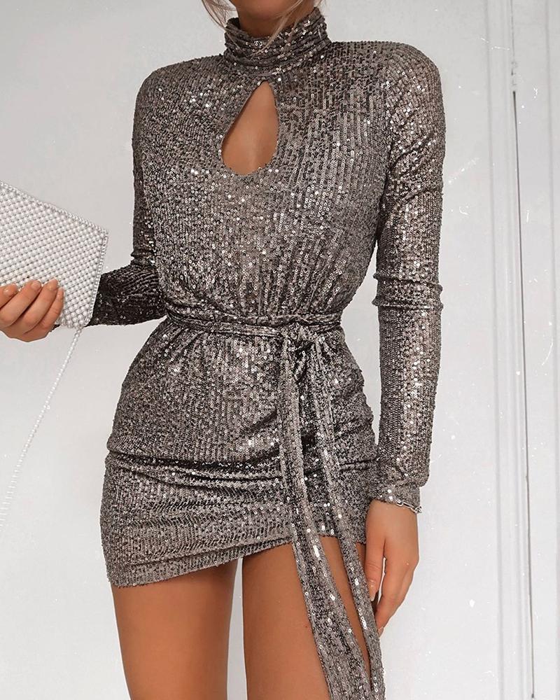 

Sequined Keyhole Tie Waist Dress, Silver