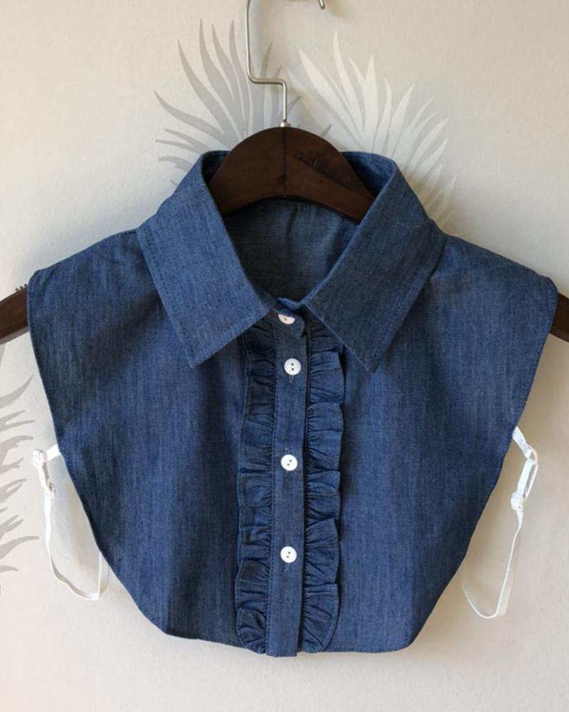 

Denim Ruffles Buttoned Half Shirt False Collar, Dark blue