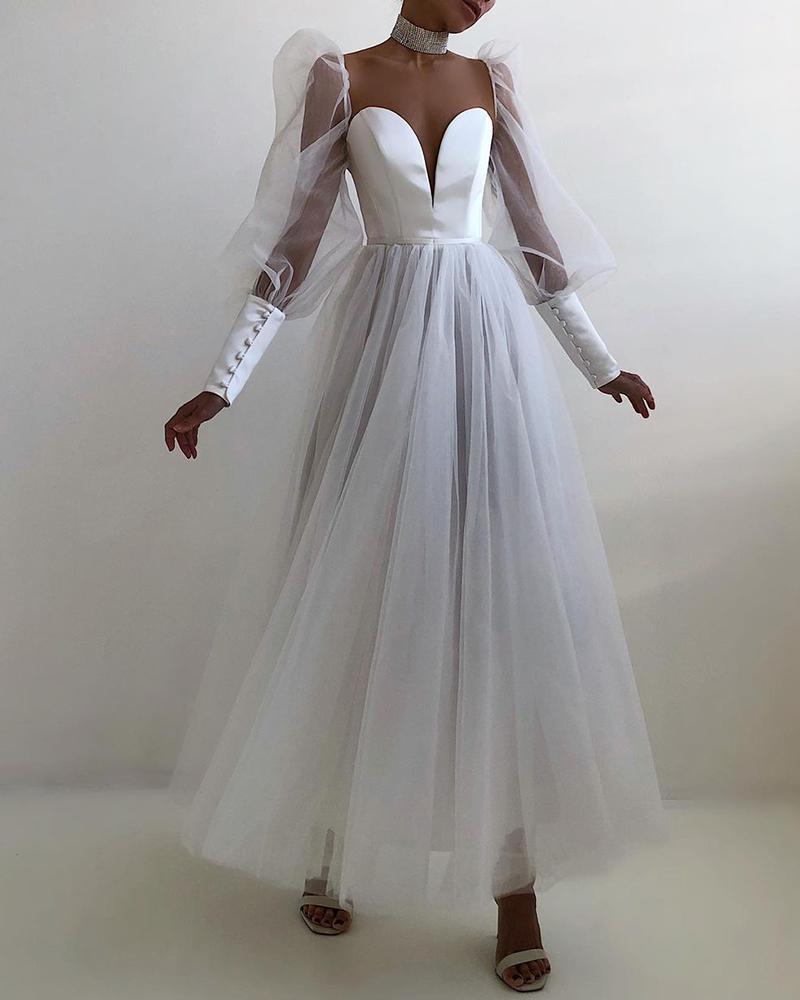 

Sheer Mesh Long Sleeve Puffed Sleeve Evening Dress, White
