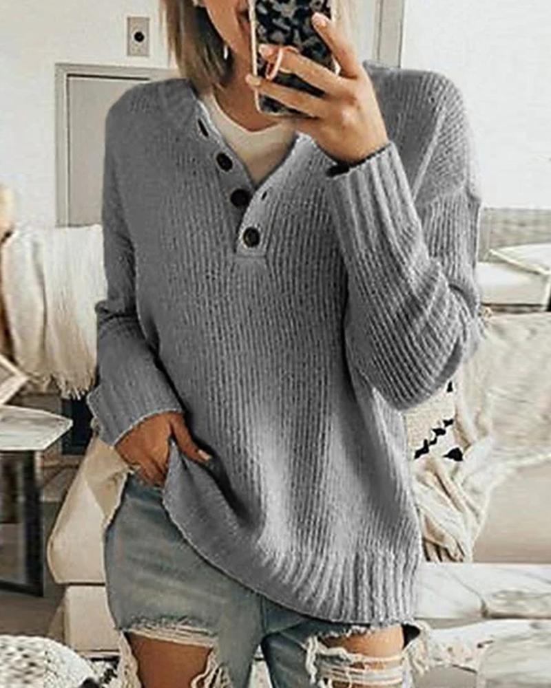 

Button Design Long Sleeve Sweater, Gray