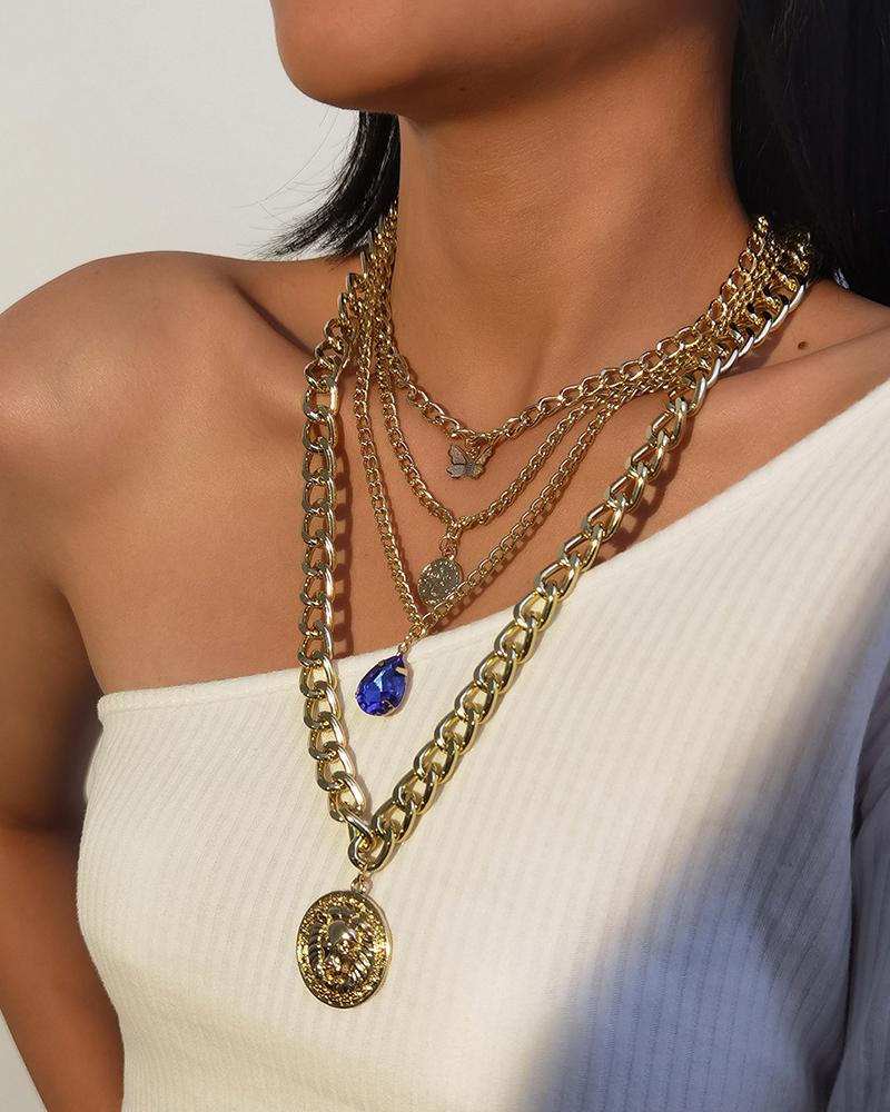 

Rinestone & Coin Decor Chain Layered Pendant Necklace, Gold