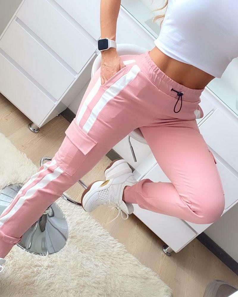 

Colorblock Pocket Design Drawstring Cargo Pants, Pink