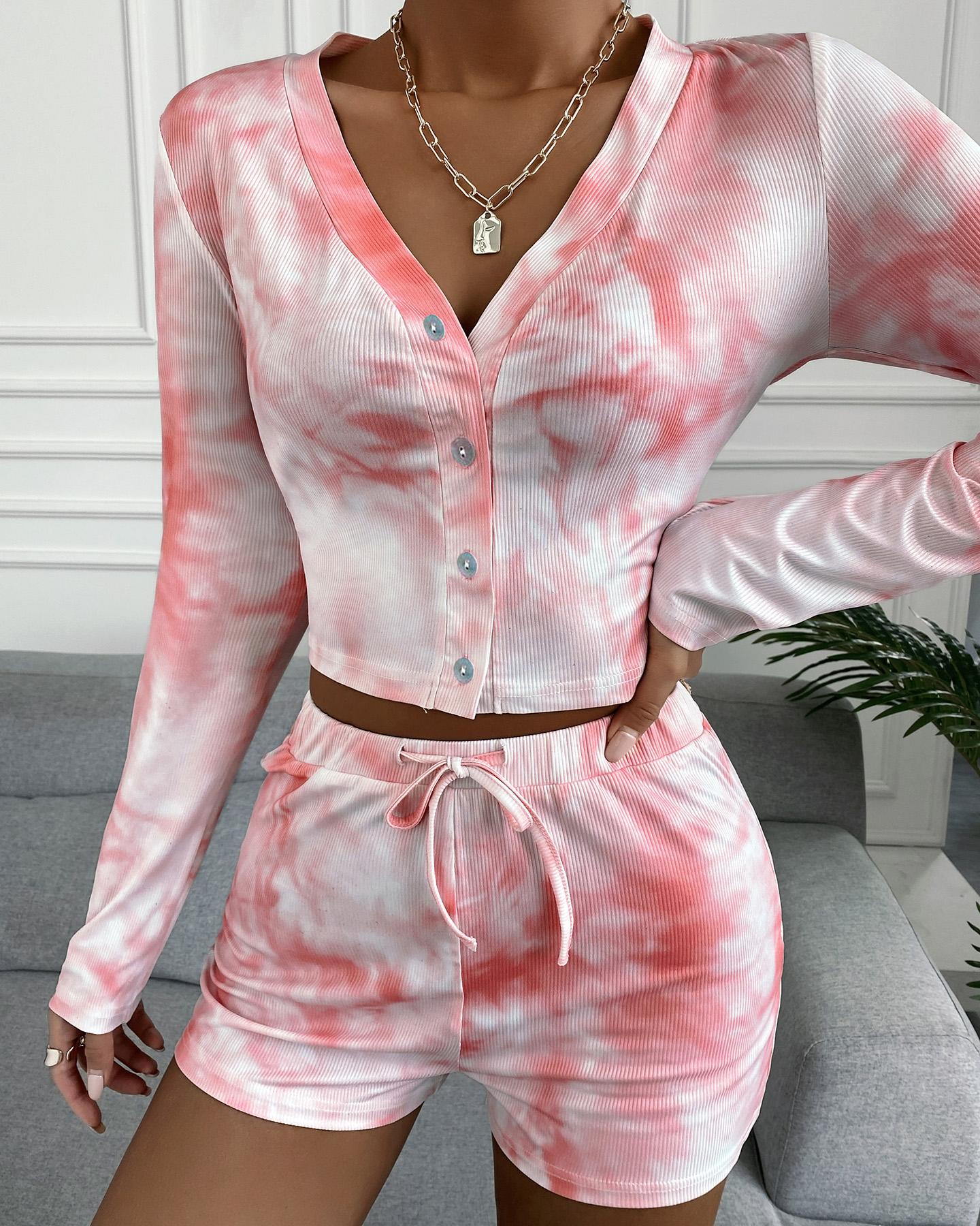 

Tie Dye Print Button Design Top & Drawstring Shorts Set, Pink