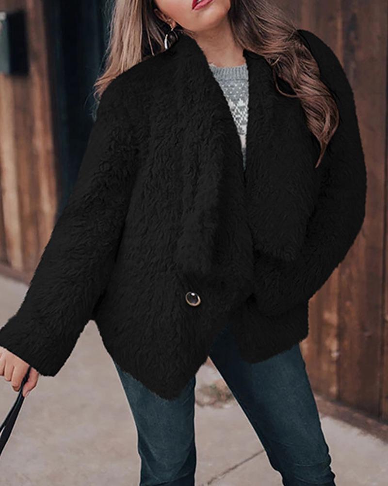

Solid Long Sleeve Faux Fur Coats, Black