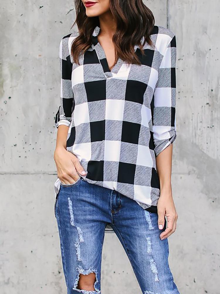 

Checkered V Neck Roll Sleeve Casual Blouse, White