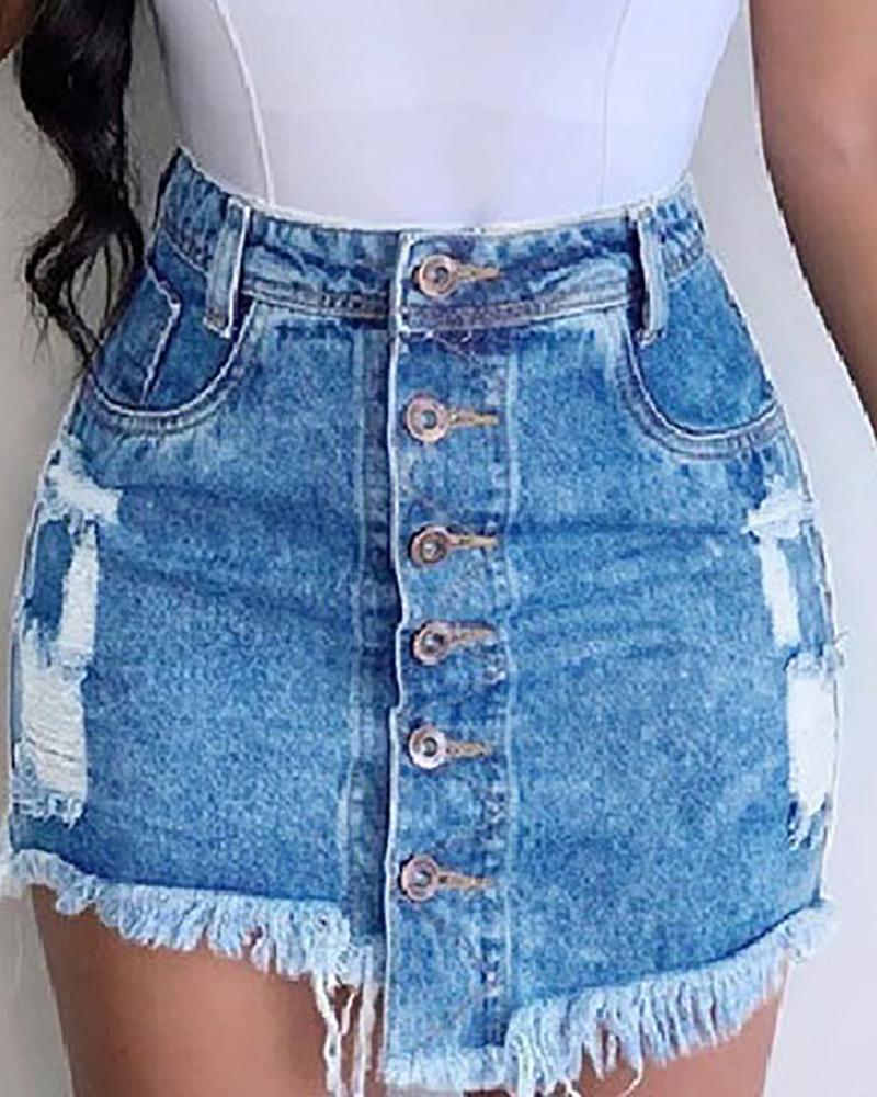 

Ripped Fringe Hem Buttoned Irregular Denim Skirt, Light blue