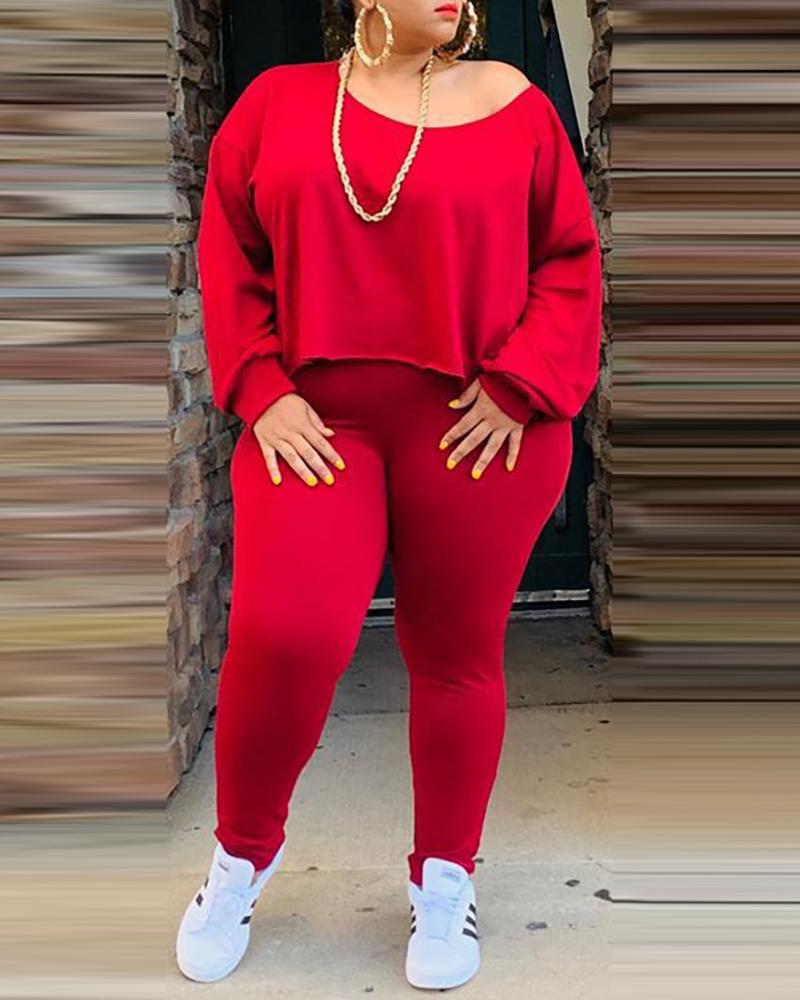 

Plus Size Plain Top & Pants Set, Red