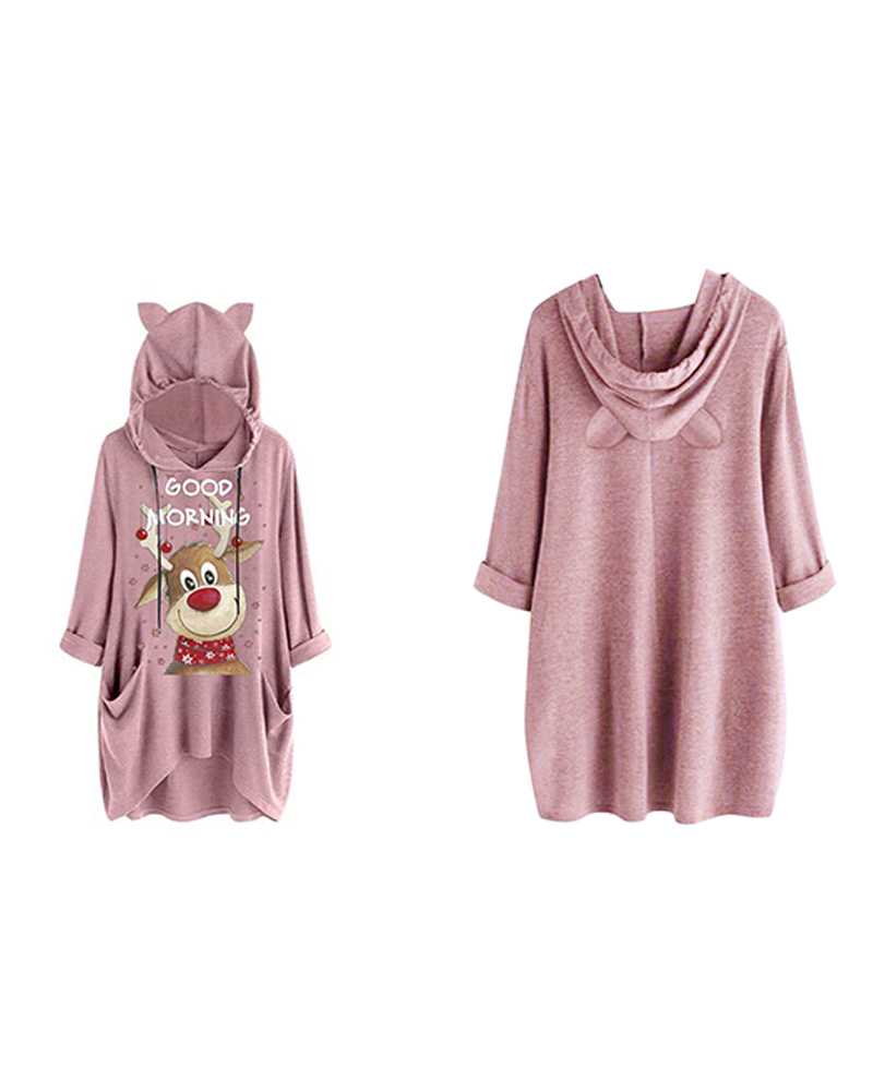 

Christmas Letter Moose Print Hooded Top, Pink