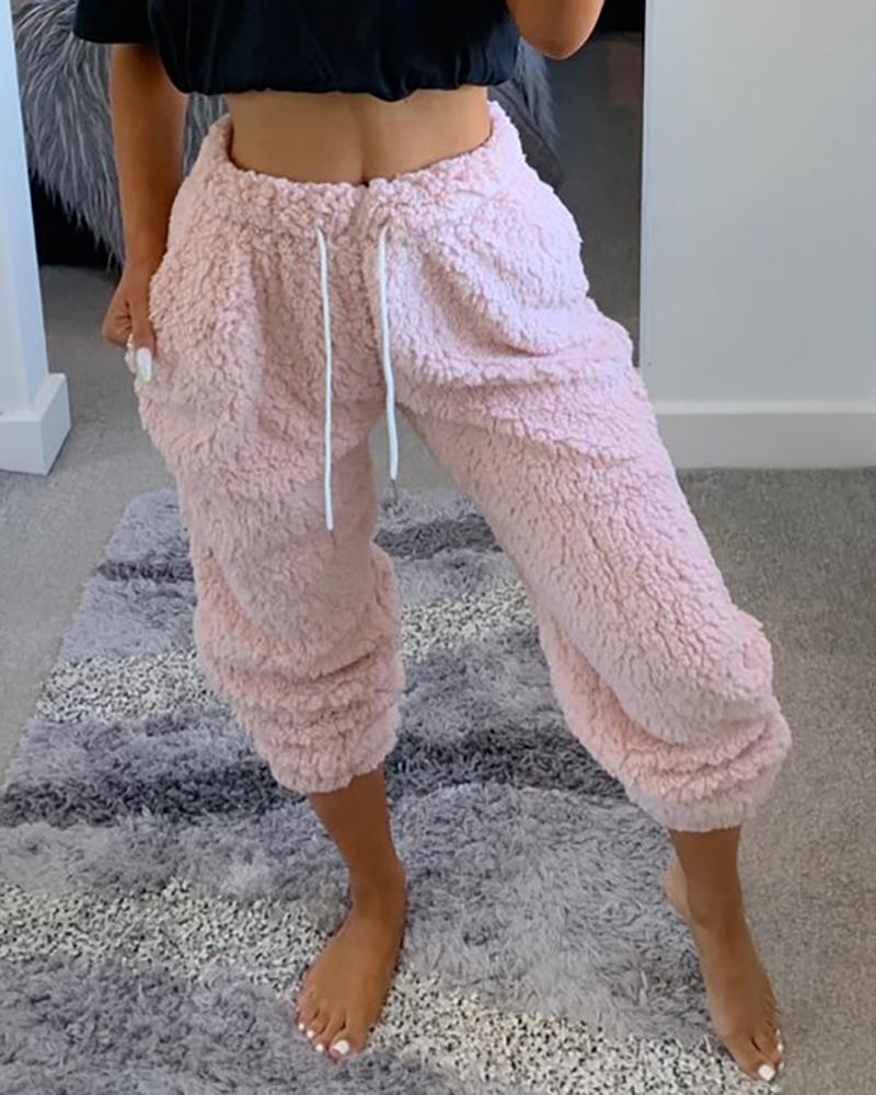 

Drawstring Pocket Design Teddy Pants, Pink