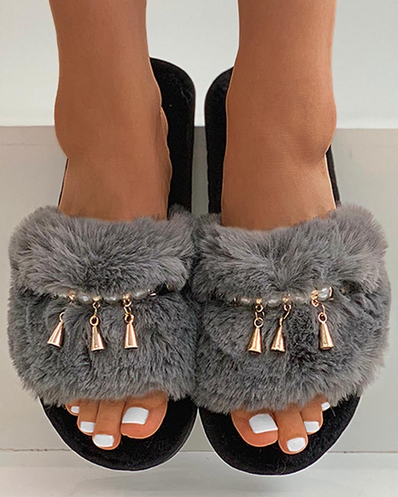 

Beaded Metal Tassel Fluffy Slippers, Gray