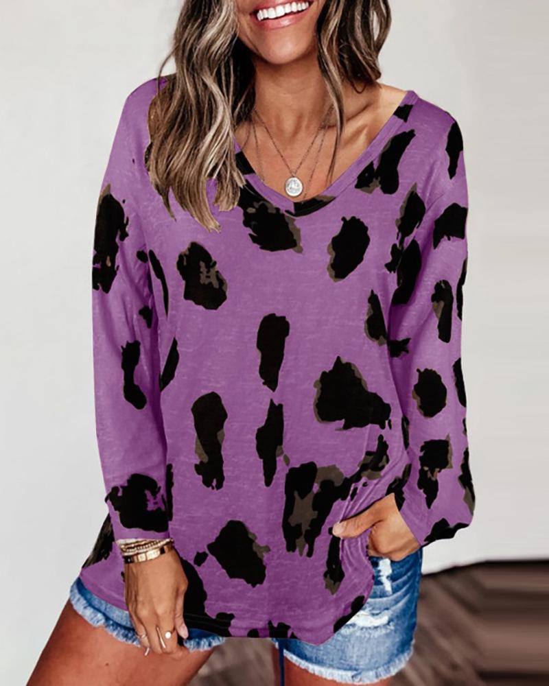 

Cheetah Print Colorblock Long Sleeve Casual Top, Purple