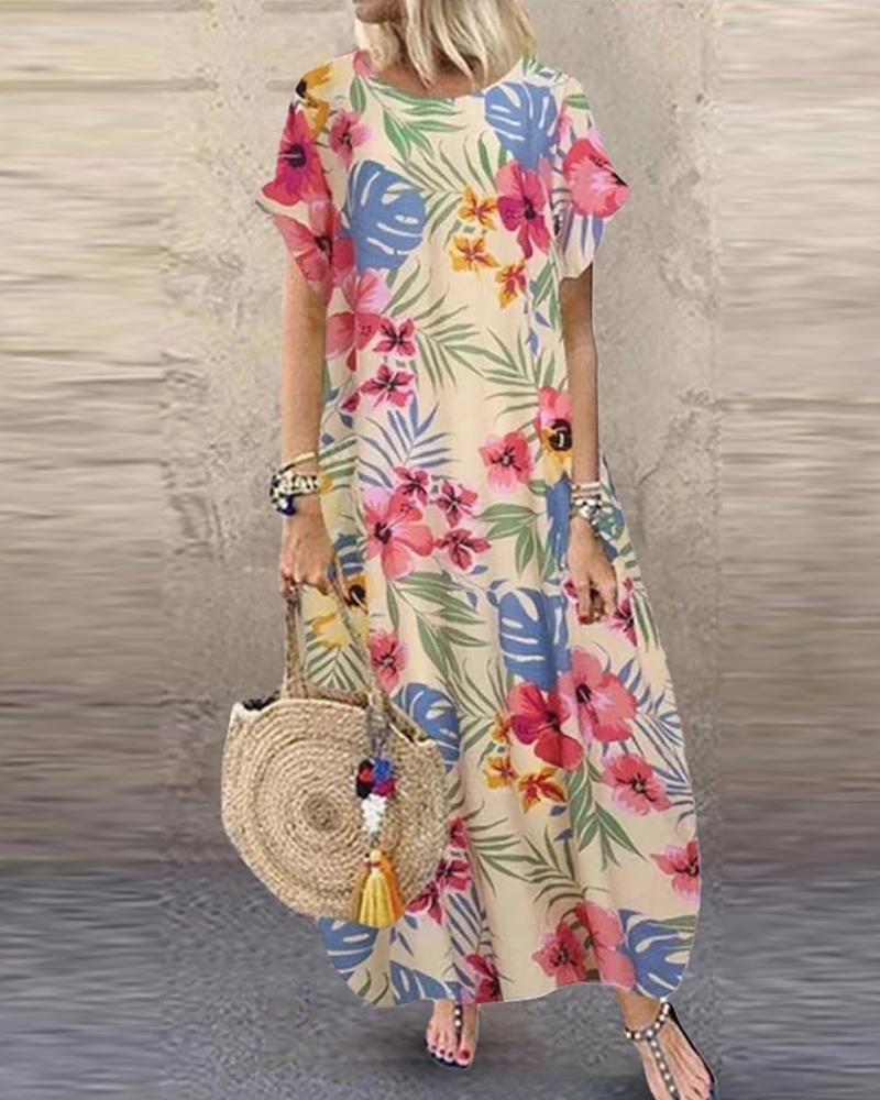 

Short Sleeve Pocket Design Tropical Print Dress, Nude