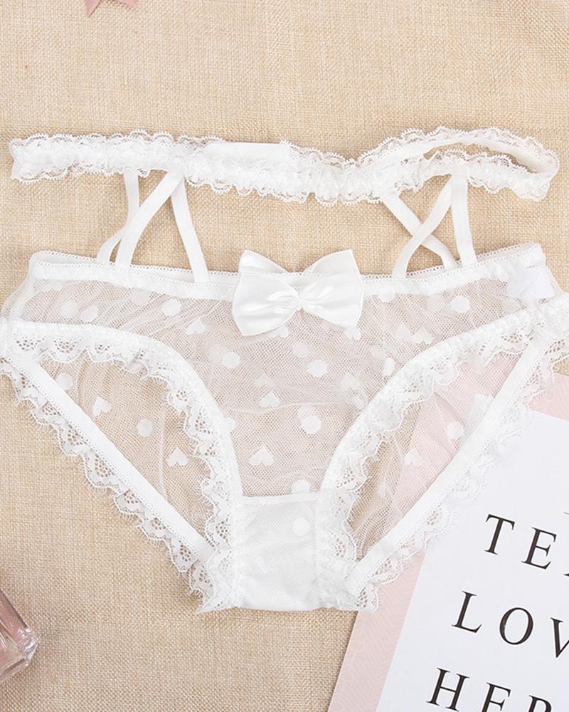 

Bowknot Heart Pattern Sheer Mesh Lace Panty, White