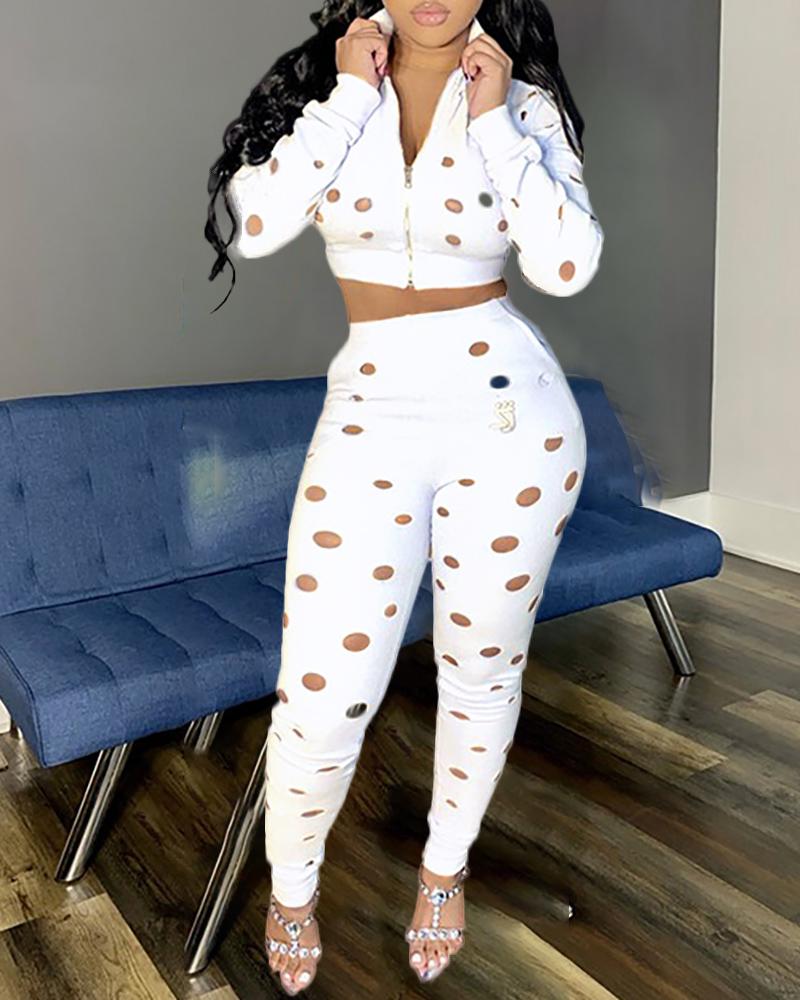 

Long Sleeve Zipper Design Hollow Out Top & Pants Set, White