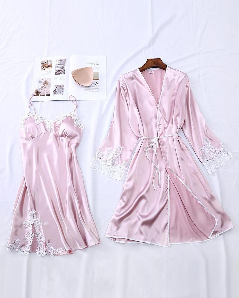 

Contrast Lace Trim Robe & Camisole Set, Pink
