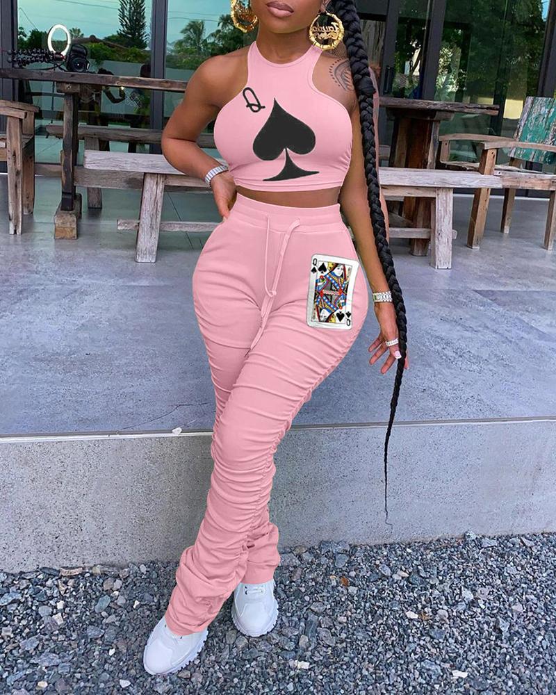 

Poker Print Halter Top & Drawstring Pants Set, Pink