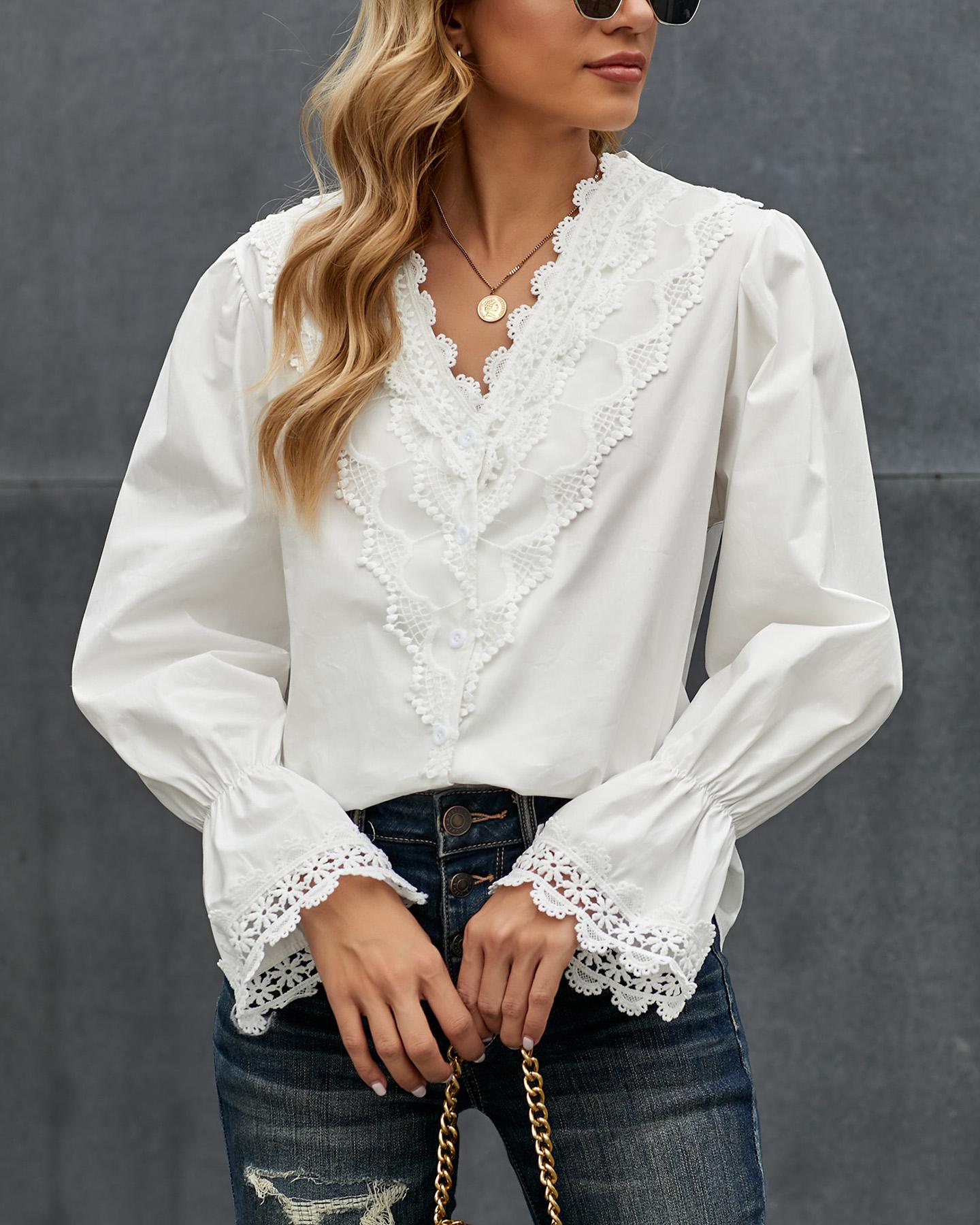 

Puffed Sleeve Plain Lace Trim Blouse, White