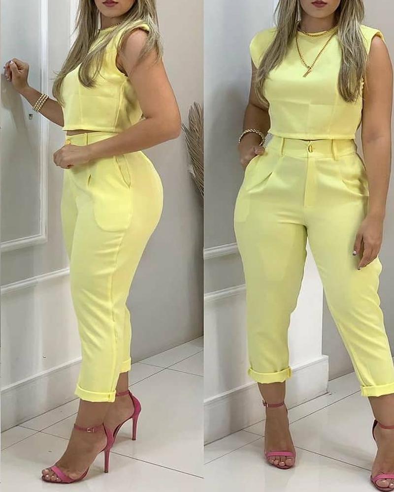 

Plain Crop Top & Pocket Design Pants Set, Yellow