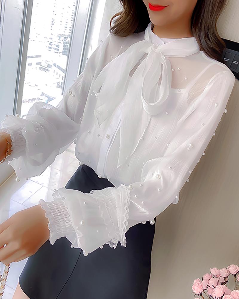 

Mesh Beaded Lantern Sleeve Blouse, White