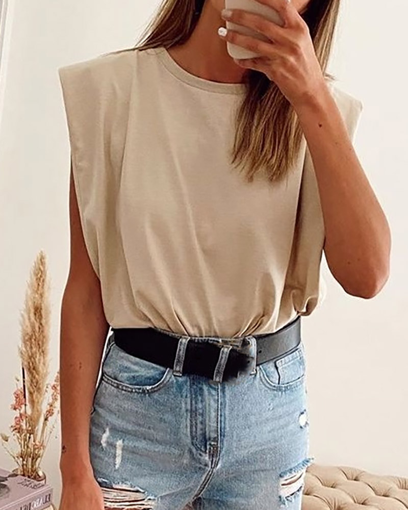 

Sleeveless Round Neck Casual Top, Khaki