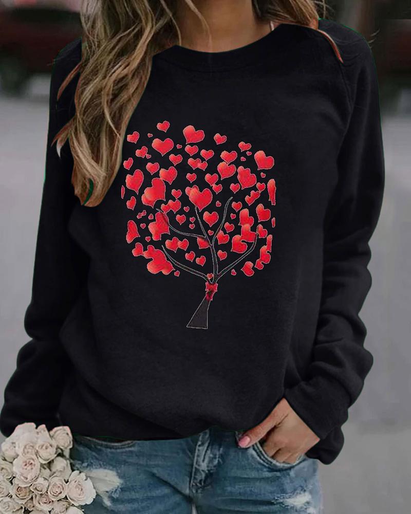 

Round Neck Valentine' Heart Print Sweatshirt, Black