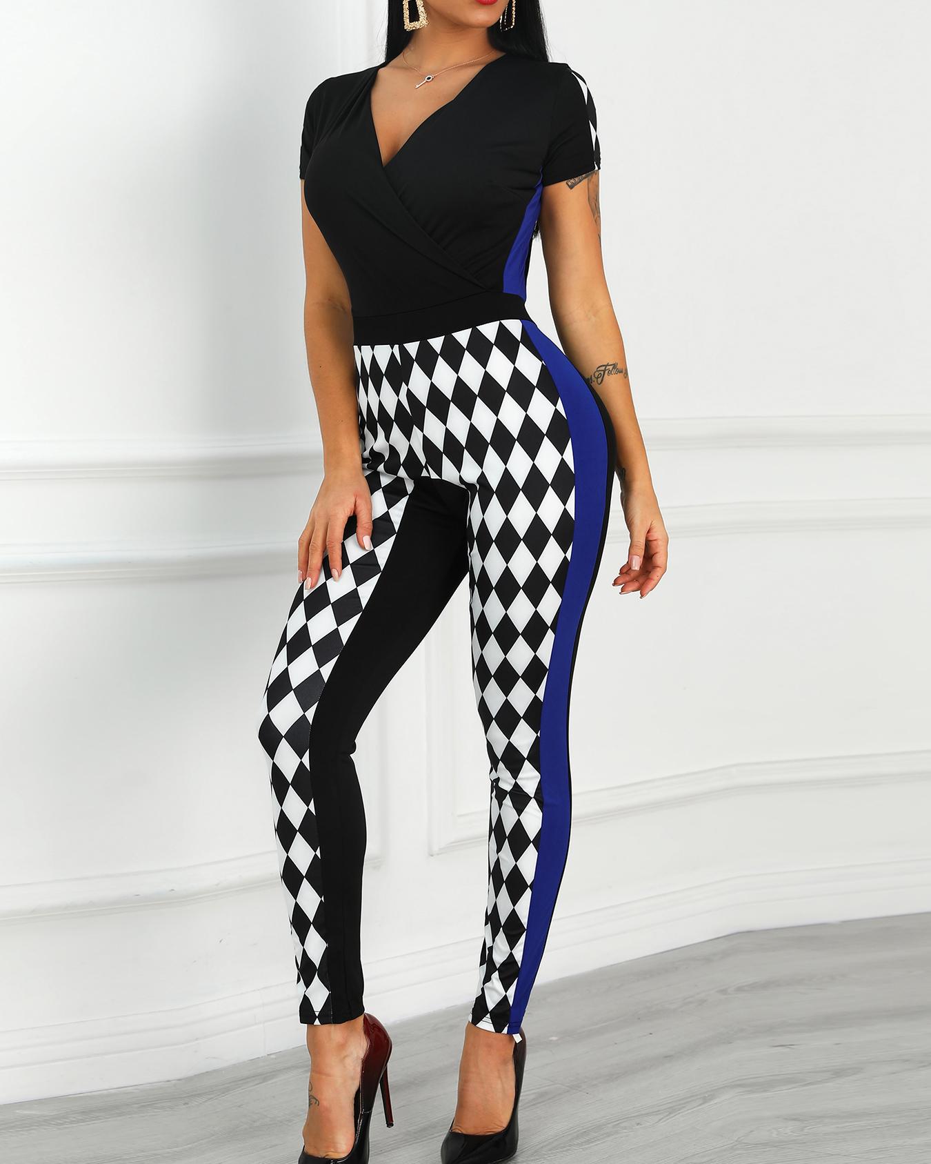 

Surplice Front Geo Print Jumpsuit, Black