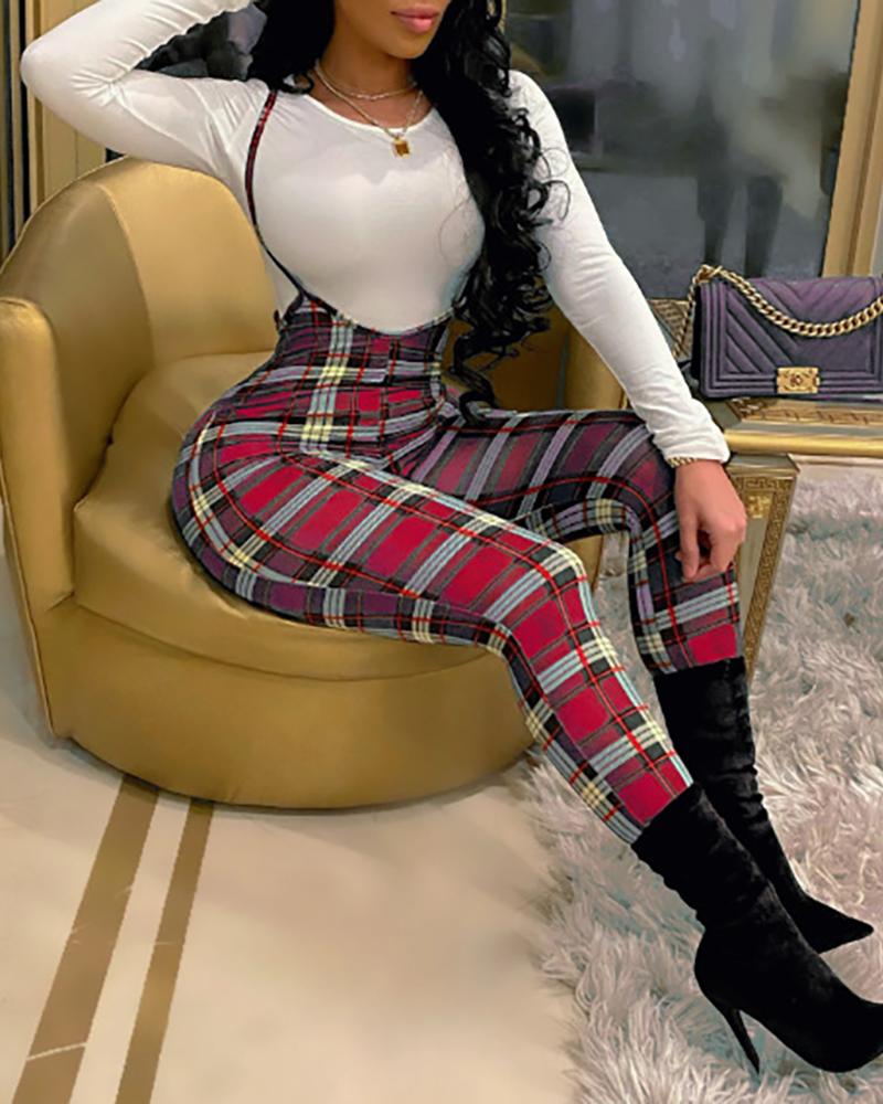 

Plaid Print Suspender Skinny Jumpsuit, Red